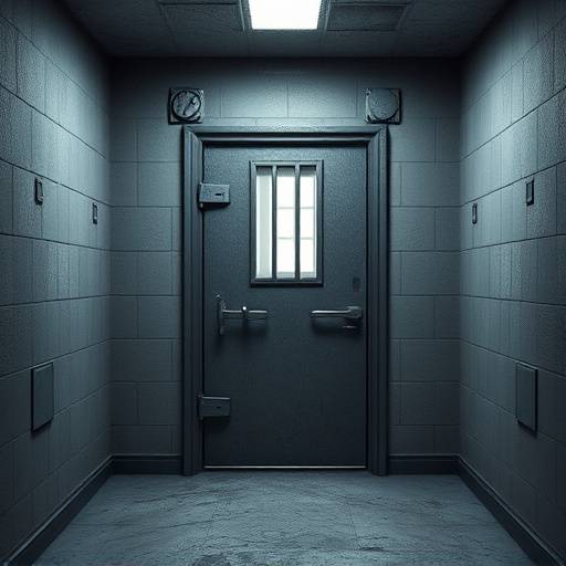 Celda de aislamiento con una puerta de metal y sin ventanas.
