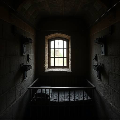 Celda victoriana con una ventana enrejada y una litera de hierro en la prisión de Oxford Castle, Inglaterra.