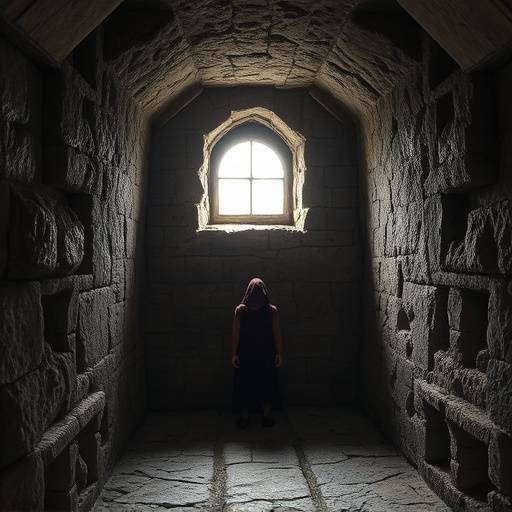 Interior de una celda medieval con muros de piedra, una pequeña ventana y un prisionero encadenado.