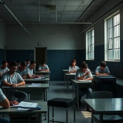 Un grupo de reclusos participando en una clase de educación dentro de una prisión.