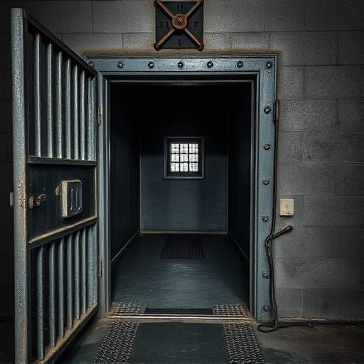 Una celda de aislamiento completamente vacía con una pequeña abertura en la puerta de metal en la prisión de Alcatraz, California.