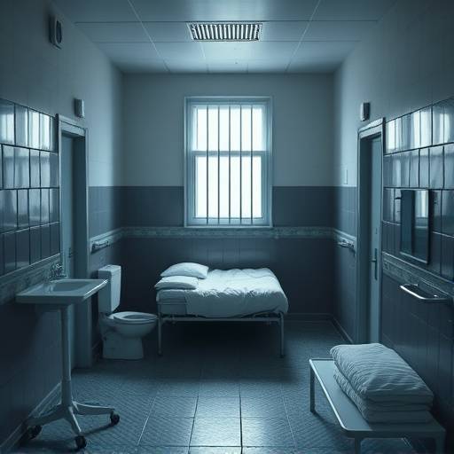 Una celda moderna con una cama, un escritorio, una ventana y un baño privado.